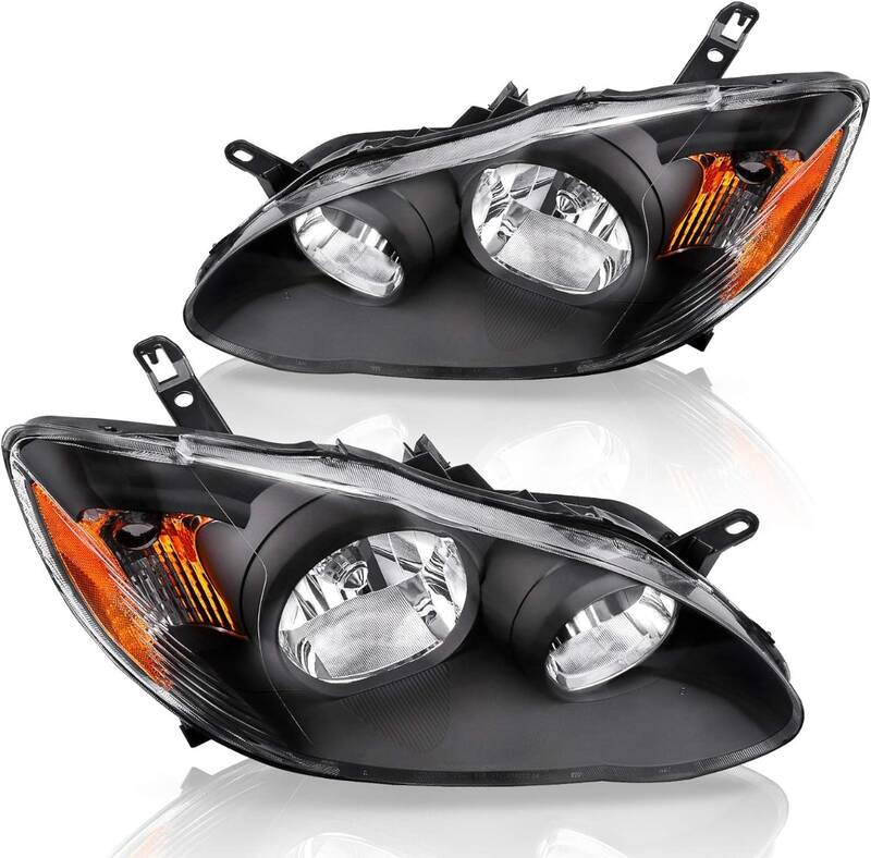 YITAMOTOR® Headlight Assembly Compatible with 2003 2004 2005 2006 2007 2008 Corolla Headlamps Replacement Black Housing Ambe...