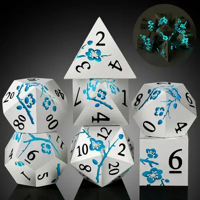 Metal Blue Blossom Glow Dice - Set of 7 With Tin - D4 through D20 - Great for RPG Games Like D&D
