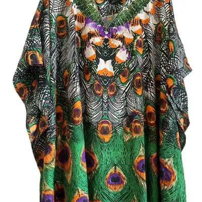 Plus Size Kaftan Dress - Casual Women's Spring/Summer Beach Vacation Dress with Peacock Design and Wide Sleeves