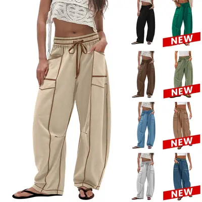 UANEO Women's Baggy Barrel Pants Wide Leg Lounge Drawstring Sweatpants with Pockets Minimalist Bottoms Casual Style Comfortab...