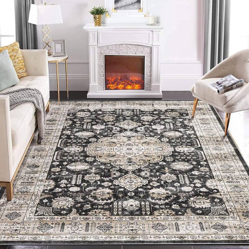 Garvee Rugs for Living Room 5x7 Washable Rug Vintage Floral Area Rug Soft Indoor Floor Mat Medallion Distressed Print Rug Non...