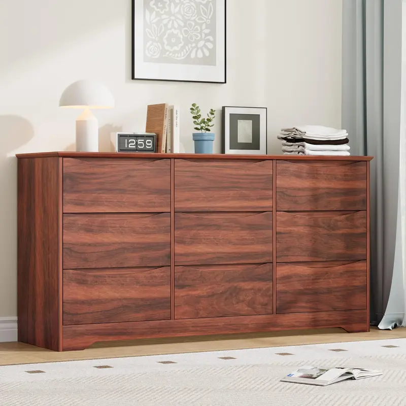 Garvee Wooden Dresser with 9 Drawers, Tall Modern Closet with Deep Storage, Large Chest of Drawers with Wide Top, Long Storag...
