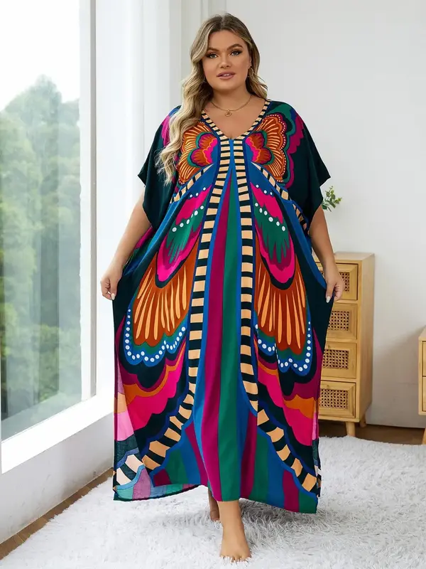 【Plus Size】 All Over Print Split Hem Batwing Sleeve Dress, Summer Clothes Women, Boho Deep V Neck Half Sleeve Dress for B...
