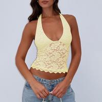Lace Halter V Neck Crop Top 2025 Summer New Sleeveless Casual Slim Short Top for Party Club Women's Sexy Elegant Holiday Vaca...