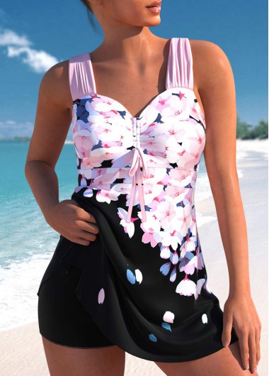 Modlily Drawstring Floral Print Pink Tankini Set - S