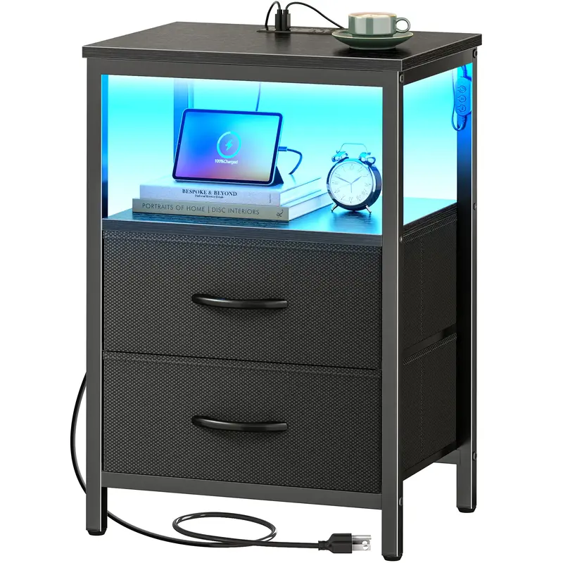 Huuger Night Stand with Charger Station and LED Lights, 2 Drawer Nightstand, Bed Side Table with Open Shelf, End Table, Fabri...