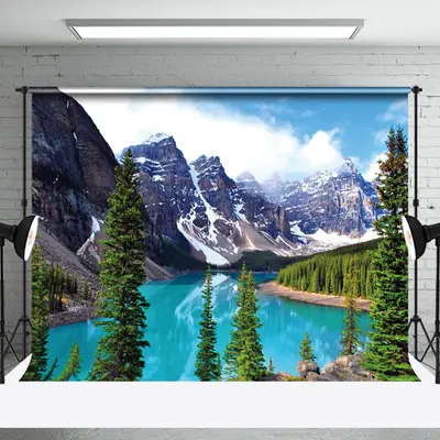 Blue Lake Green Trees And Snowy Mountains Backdrop - Aperturee