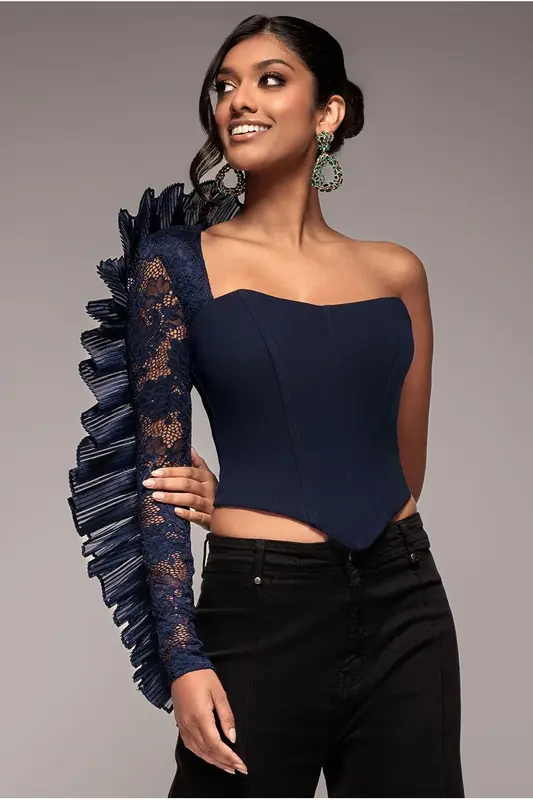 Goddiva One Shoulder Fan Pleat Frill Corset Top - Navy Blue