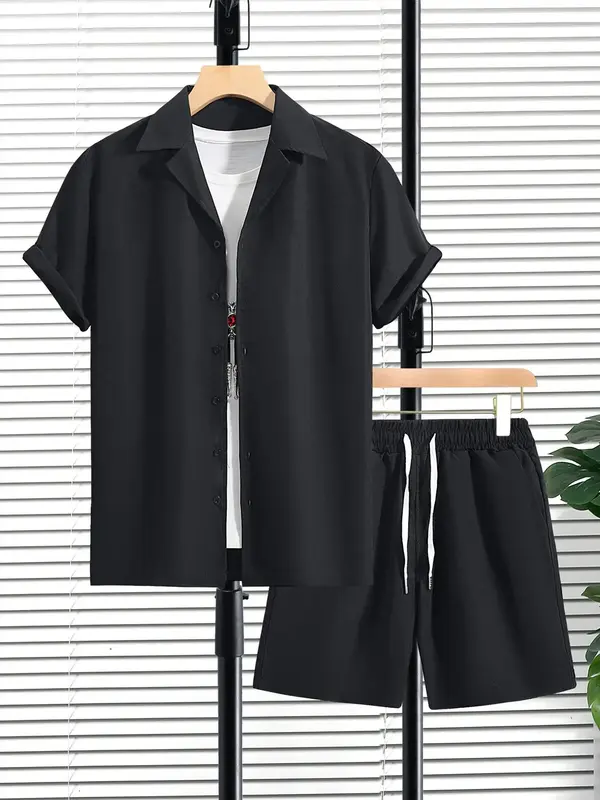 2 Piece Set Men's Regular Fit 2pcs Summer Clothes, Plain Button Front Lapel Collar Shirt & Drawstring Shorts Set, Casual Shor...