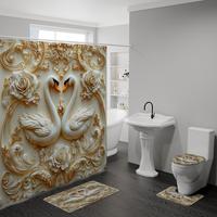 Rose Swan Pattern Bathroom Decor Set, 1 Count Bathroom Curtain Or 4 Counts Shower Curtain & U-shaped Mat & Rectangular Mat & ...