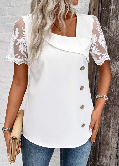 Modlily White Patchwork Short Sleeve Asymmetrical Neck Blouse - L