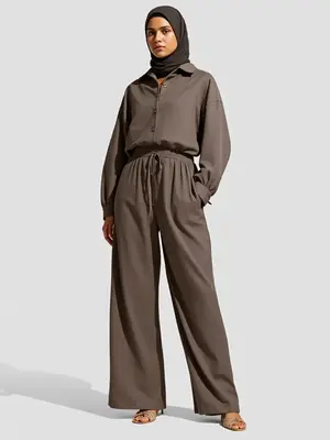 Lm131  Tie Front WideLeg Pants With Pockets & Women's Solid Button Front Shirt Two-piece Set,Casual Modest Outfit.