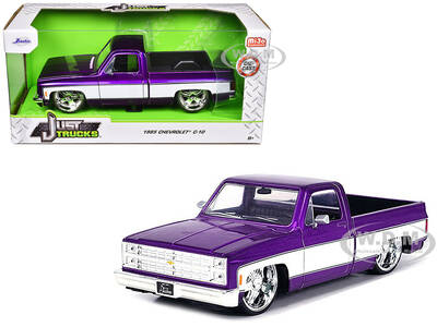 1985 Chevrolet C-10 Pickup Truck Purple Metallic and White with Lorenzo Wheels Just Trucks Series 1/24 Diecast Model Car by J...