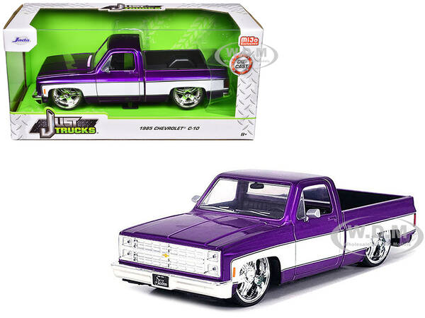 1985 Chevrolet C-10 Pickup Truck Purple Metallic and White with Lorenzo Wheels Just Trucks Series 1/24 Diecast Model Car by J...