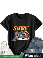 【Plus Size】 Train Print Round Neck Tee, Casual Short Sleeve Crew Neck T-Shirt for Summer, Women's Plus Clothing for Daily...
