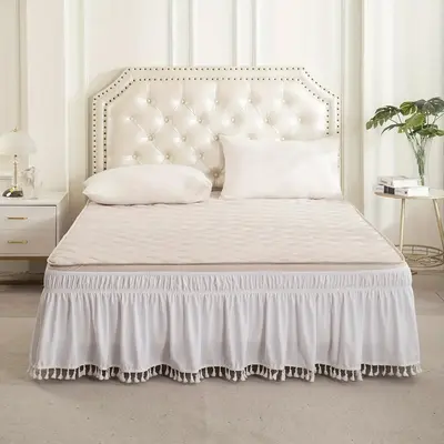 Solid Color Elastic Bed Skirt, Cool Bedroom Modern Tassel Decor Bed Skirt, Soft Bedspread Supplies for Bedroom, Guest Room, H...