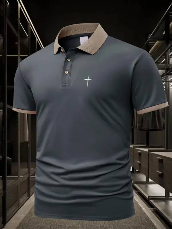 Men's Cross Print Short Sleeve Polo Shirt, Regular Fit Casual Breathable Comfortable Collared Top for Daily Outdoor Wear, Men...