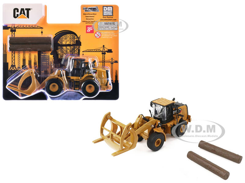 CAT Caterpillar 950M Wheel Loader Yellow with Log fork and Wood Log 1/64 Diecast Model by Diecast Masters