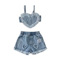 Infant Toddler Baby Girl Two Pieces Denim Outfits Sleeveless Heart Camisole Tops Ripped Elastic Waist Shorts Summer Clothes #...