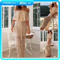 Women's Summer Long Tube Top Dress Short Sleeve Off Shoulder Knit Pattern Hollow Tie Up Dress Casual Light Womenswear Check U...