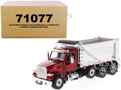 Peterbilt 567 SFFA Tandem Axle with Pusher Axle OX Stampede Dump Truck Red and Chrome \