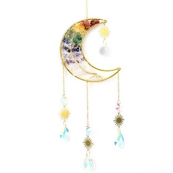 Copper Wire Wrapped Gemstone Chips & Metal Moon with Tree of Life Pendant Decorations