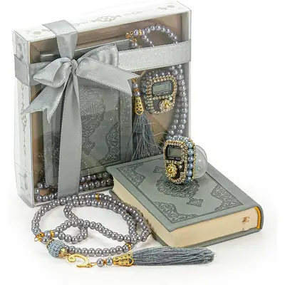 Medina Calligraphy Quran Set with Islamic Finger Counter – Portable Digital Prayer Tasbeeh, Pearl Zikirmatic Beads, 3 Piece...