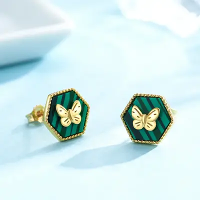 Sterling Silver with Yellow Gold Plated Malachite Butterfly Stud Earrings