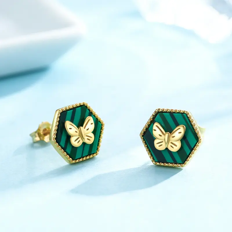 Sterling Silver with Yellow Gold Plated Malachite Butterfly Stud Earrings