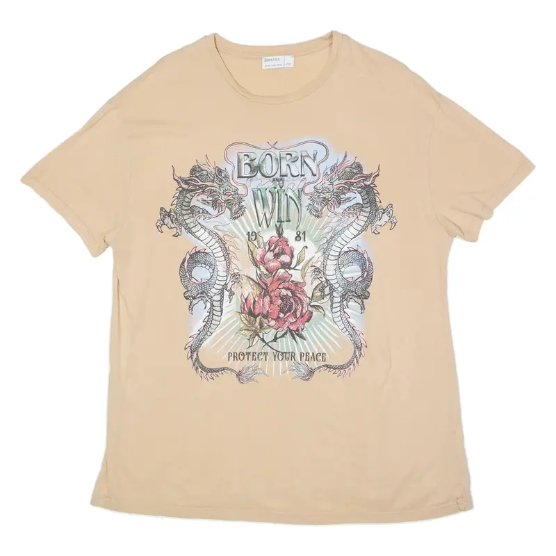 BERSHKA Oversized Born To Win Mens T-Shirt Beige Crew Neck XS