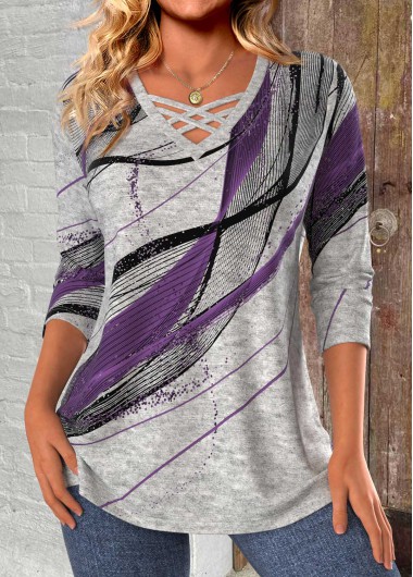 Modlily Light Grey Marl Criss Cross Geometric Print T Shirt - XL