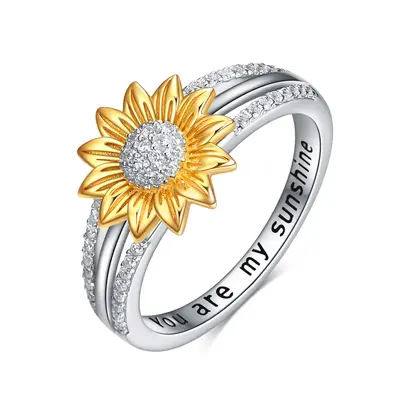 Sterling Silver Two-tone Round Shaped Cubic Zirconia Sunflower Ring with Engraved Word