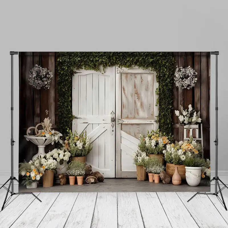 White Gate Green Leaves Floral Wood Birthday Backdrop - Aperturee