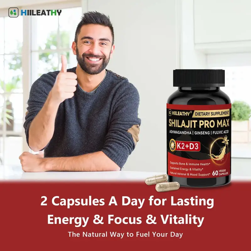 [K2 & D3] HIILEATHY Optimal Shilajit PRO MAX 60 Capsules Made in USA with Essential Minerals for Healthy Aging and Immune Sys...