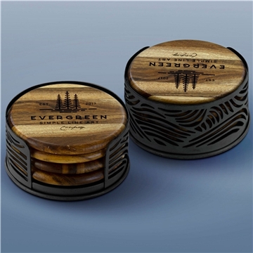 12 Customized Acacia Wood Coaster: 4 Piece Round Set with Black ...