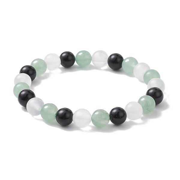 Natural Green Aventurine & Selenite & Eyeless Obsidian Round Beaded Stretch Bracelets