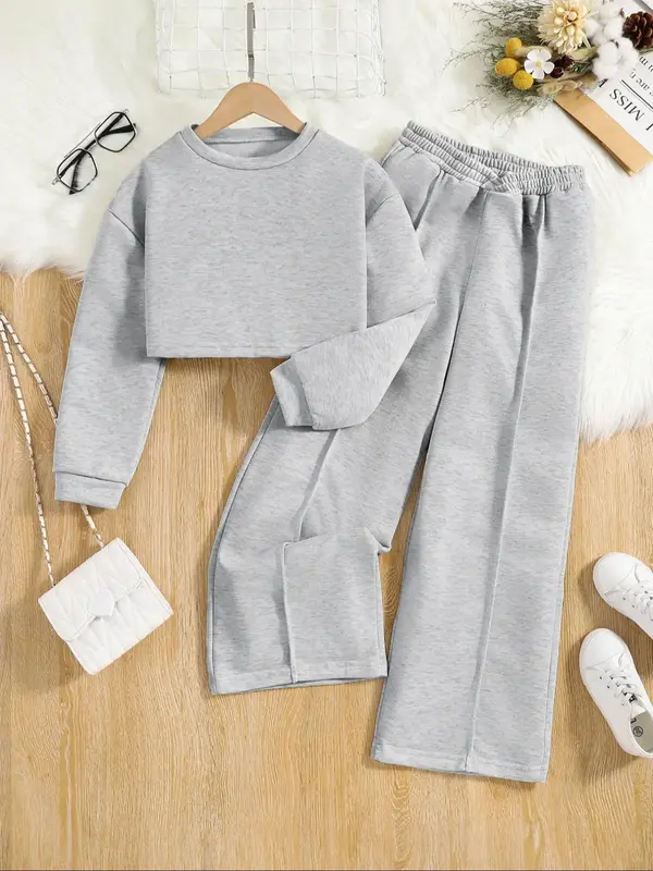 Two-piece Set  Girl's Solid Crop Top & Wide  Leg Pants Sweatsuit Set, Casual Round Neck Long Sleeve Top & Bell Bottom Trouser...