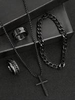 Men's Fashion Jewelry Set, Casual Trendy Cross Pendant Necklace & Chains Bracelet & Ring, Fashion Jewelry for Party, Daily De...