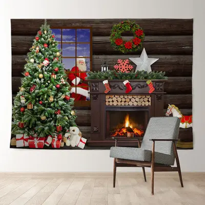 Aperturee Santa Claus Fireplace Gift Wood Christmas Backdrop