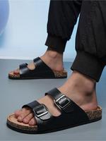 Men's Fashionable Plain Color Double Buckle Design Slides, Casual Comfortable Flat Sandals for Summer, Breathable Barefoot Sh...