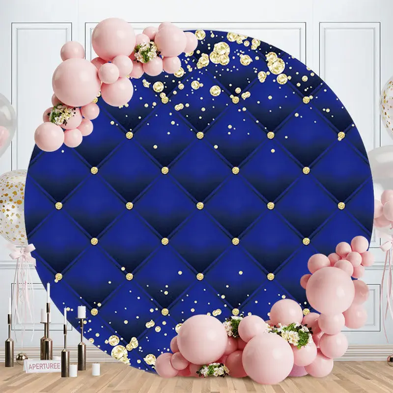 Aperturee Round Gold Glitter Navy Blue Happy Birthday Backdrop | Custom Circle Backdrop Birthday | Custom Round Backdrop | Ci...