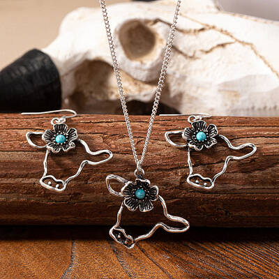 Cattle Head Alloy & Synthetic Turquoise Pendant Necklaces & Dangle Earrings Sets