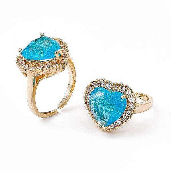 Deep Sky Blue Glass Heart Open Cuff Ring with Cubic Zirconia