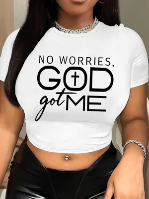 Women's Letter Print Round Neck Crop Tee, Summer Clothes Women, Fashion Casual Crew Neck Short Sleeve T-shirt for Holiday Vac...