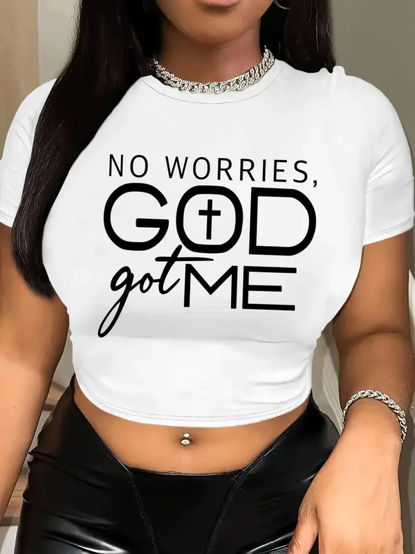 Women's Letter Print Round Neck Crop Tee, Summer Clothes Women, Fashion Casual Crew Neck Short Sleeve T-shirt for Holiday Vac...