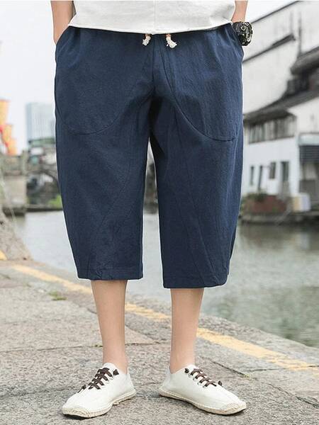 3/4 SHORTS CASUAL TROUSERS, Navy Blue / L