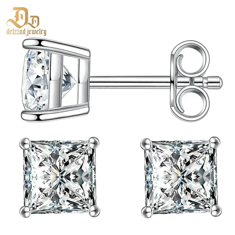 Delzzad S925 Princess Cut Synthetic Moissanite Stud Earrings For Men and Women