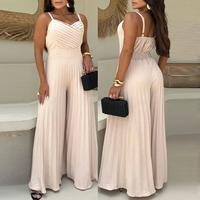 ChicMe Women's Pleated V Neck Spaghetti Strap Waist Jumpsuit Casual Wide Leg Flared Romper