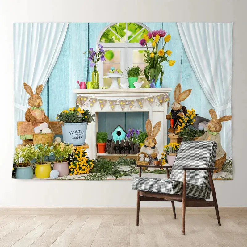 Aperturee White Lighting Wall Floral Rabbit Easter Backdrop