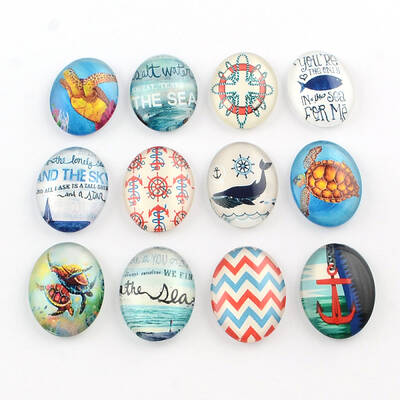 Sea Theme Pattern Glass Oval Flatback Cabochons for DIY Projects